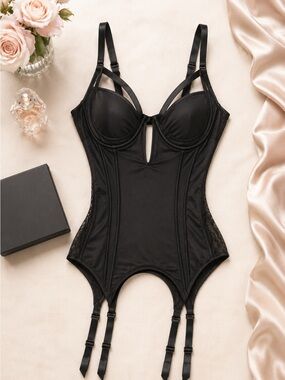 Coquette Black Underwire Corset Bodysuit Garter Teddy Lingerie Size L/G